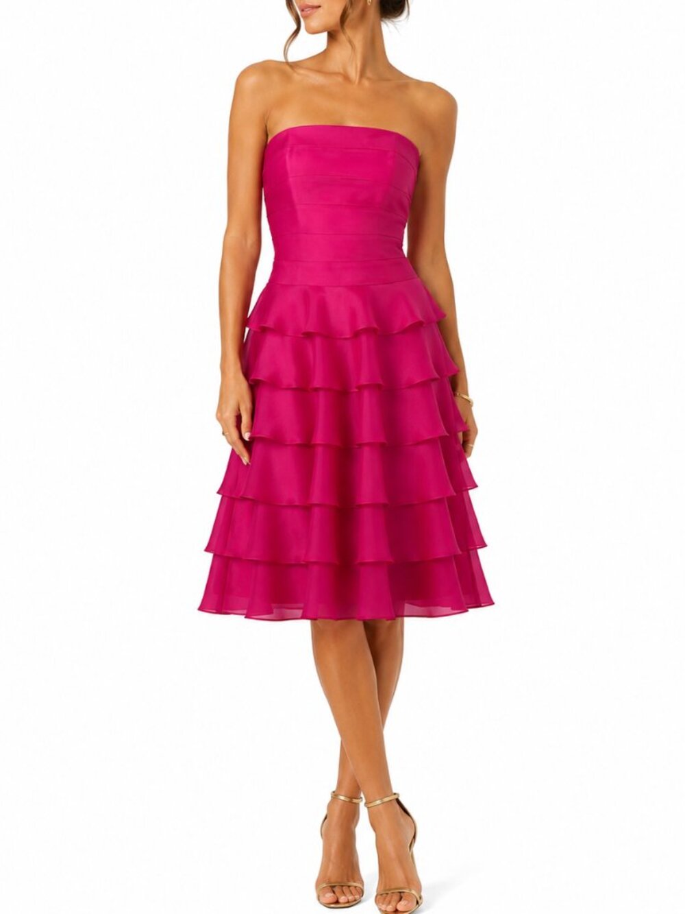 Kay Unger Strapless Tiered Ruffle Dress in Fuchsia Pink